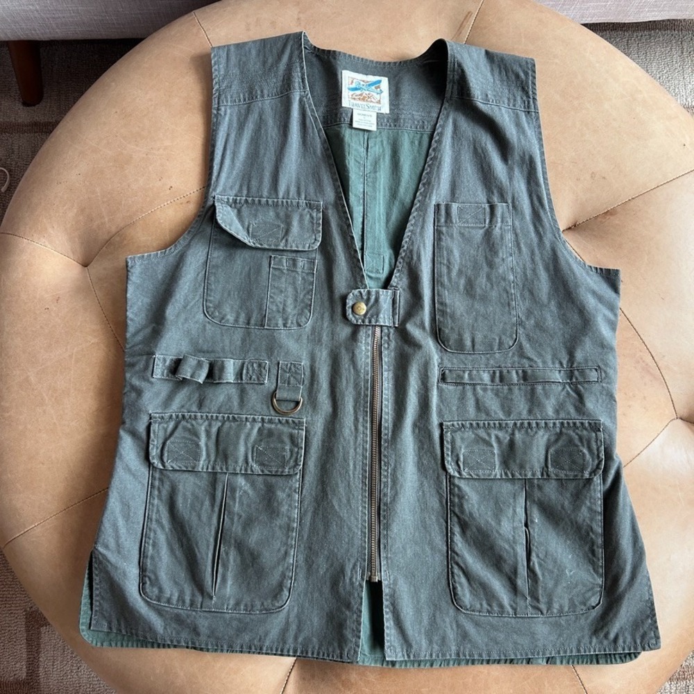 Vintage Travel Smith Cargo Vest Womens L Hiking Photography Full Zip 90s Khaki